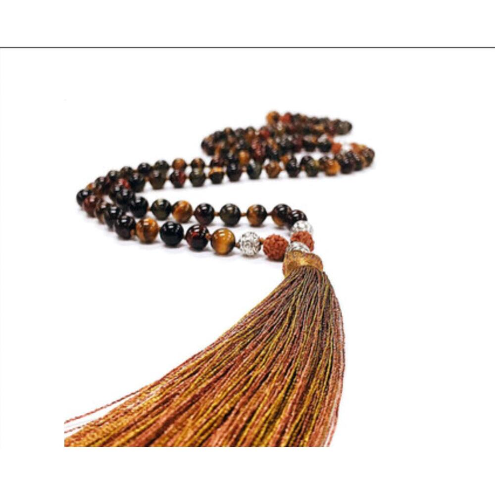 NEW JACQUELINE KENT women's tiger's eye rudrasksha mala beads necklace in brown